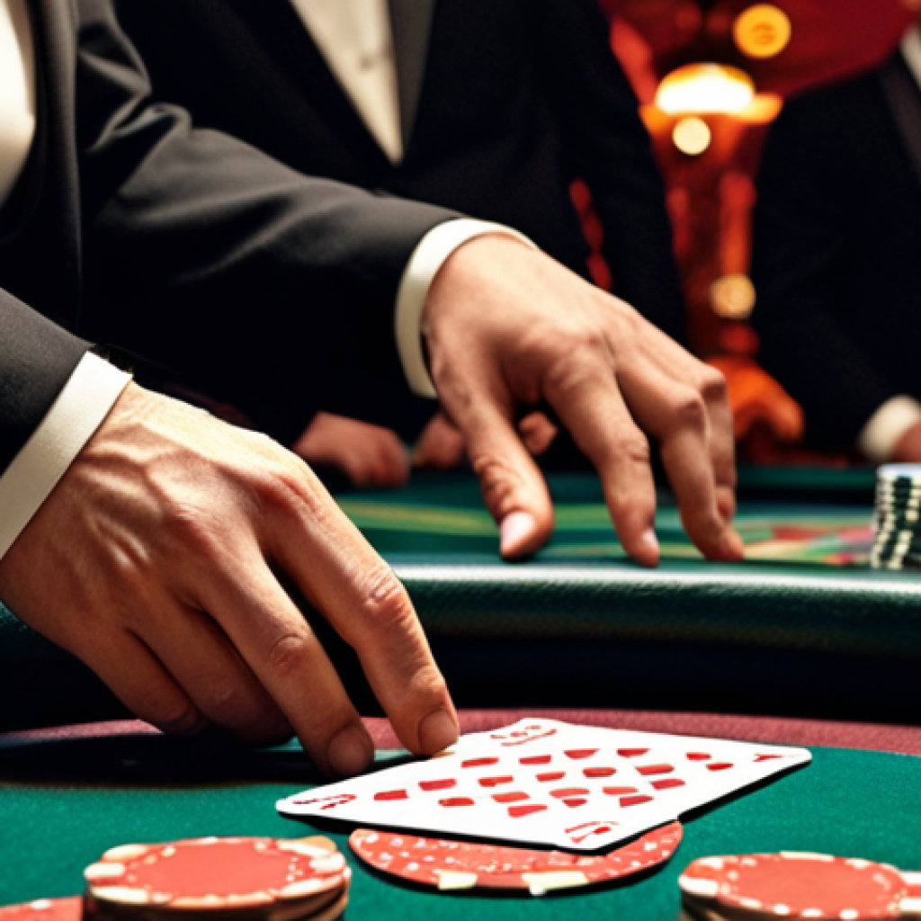 **

Elegant croupier in a sophisticated casino. Focus on the precision of their hands dealing cards, surrounded by chips and blurred figures of players. The atmosphere should be glamorous with a hint of mystery, like a James Bond scene.

**