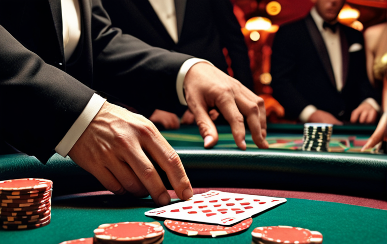 **

Elegant croupier in a sophisticated casino. Focus on the precision of their hands dealing cards, surrounded by chips and blurred figures of players. The atmosphere should be glamorous with a hint of mystery, like a James Bond scene.

**