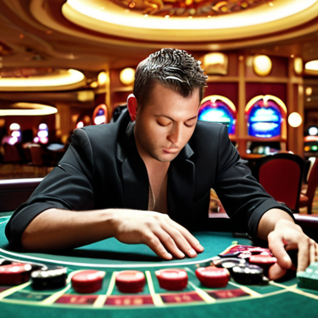 **

Prompt: A casino dealer taking a deep breath between roulette spins, eyes closed, a serene expression amidst the bustling casino background, soft, diffused lighting. Emphasis on calm and focus.

**