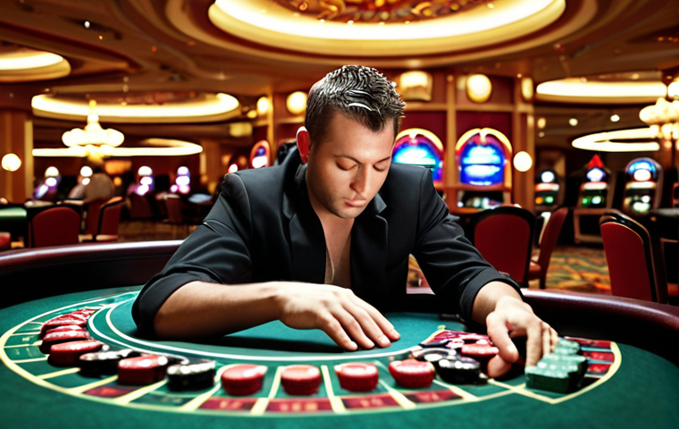 **

Prompt: A casino dealer taking a deep breath between roulette spins, eyes closed, a serene expression amidst the bustling casino background, soft, diffused lighting. Emphasis on calm and focus.

**