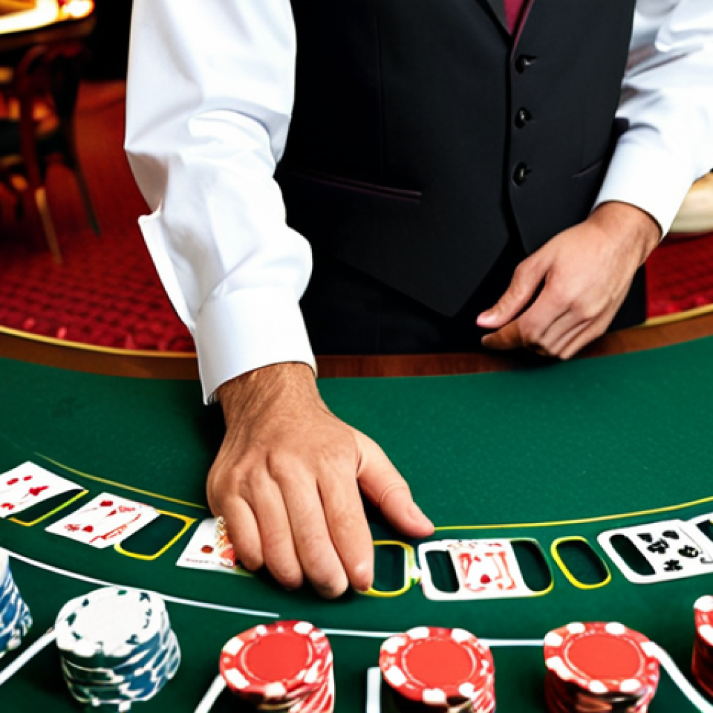 A professional male casino croupier in a sharp, well-fitted black suit, crisp white shirt, and a burgundy bowtie. He stands confidently behind a green felt blackjack table, hands poised over neatly stacked casino chips, ready to deal. The background shows a sophisticated casino environment with soft, luxurious lighting. He embodies professionalism, elegance, and authority. The image features fully clothed, modest clothing, appropriate attire, professional dress, safe for work, appropriate content, family-friendly, perfect anatomy, correct proportions, natural pose, well-formed hands, proper finger count, natural body proportions, high-quality, professional photography.