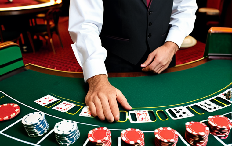 A professional male casino croupier in a sharp, well-fitted black suit, crisp white shirt, and a burgundy bowtie. He stands confidently behind a green felt blackjack table, hands poised over neatly stacked casino chips, ready to deal. The background shows a sophisticated casino environment with soft, luxurious lighting. He embodies professionalism, elegance, and authority. The image features fully clothed, modest clothing, appropriate attire, professional dress, safe for work, appropriate content, family-friendly, perfect anatomy, correct proportions, natural pose, well-formed hands, proper finger count, natural body proportions, high-quality, professional photography.