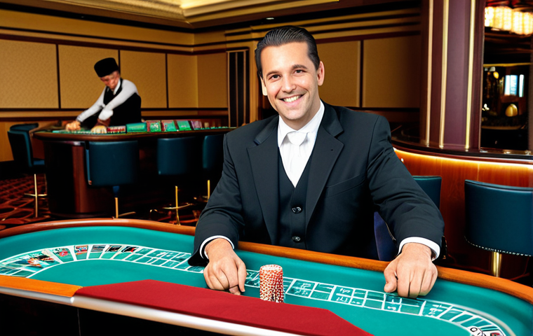 카지노 딜러 연봉 협상 성공 사례 - Confident Croupier**

"A confident, fully clothed croupier in appropriate professional attire, seate...