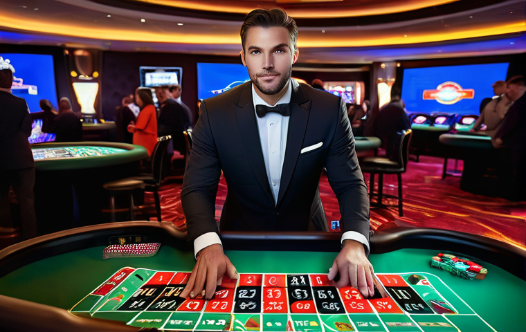 카지노 딜러 고용 안정성과 미래 - A vibrant, high-angle shot of a charismatic female casino dealer, in her late 20s, with a warm, invi...