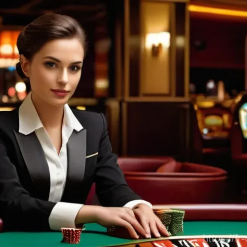 카지노 딜러 안전 지침 및 규정 - **Prompt: "A serene and focused female casino croupier, in her early 30s, stands gracefully behind a...