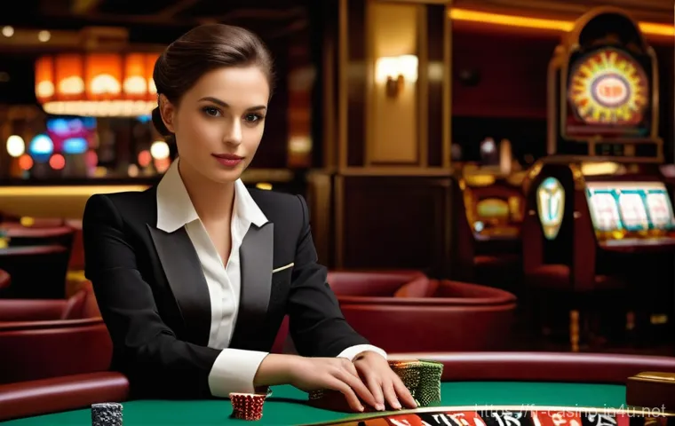 카지노 딜러 안전 지침 및 규정 - **Prompt: "A serene and focused female casino croupier, in her early 30s, stands gracefully behind a...