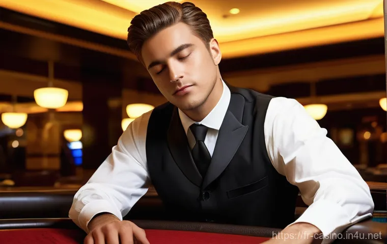 카지노 딜러 안전 지침 및 규정 - **Prompt: "A serene and focused female casino croupier, in her early 30s, stands gracefully behind a...