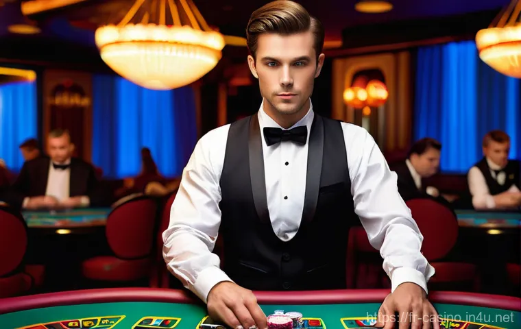 카지노 딜러와 고객 응대 기술 - **Prompt for Croupier's Elegance and Dexterity:**
    "A highly detailed, professional photo of a ma...