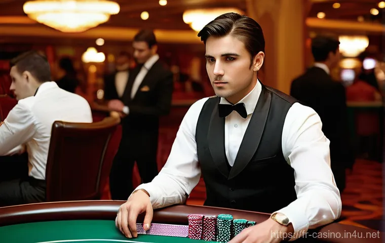 카지노 딜러와 고객 응대 기술 - **Prompt for Croupier's Charisma and Player Interaction:**
    "A candid, cinematic shot depicting a...