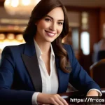 카지노 딜러의 리더십 개발 - **Prompt:** A sophisticated female casino dealer, mid-30s, with a warm and genuine smile, confidentl...