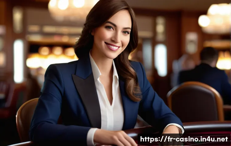 카지노 딜러의 리더십 개발 - **Prompt:** A sophisticated female casino dealer, mid-30s, with a warm and genuine smile, confidentl...