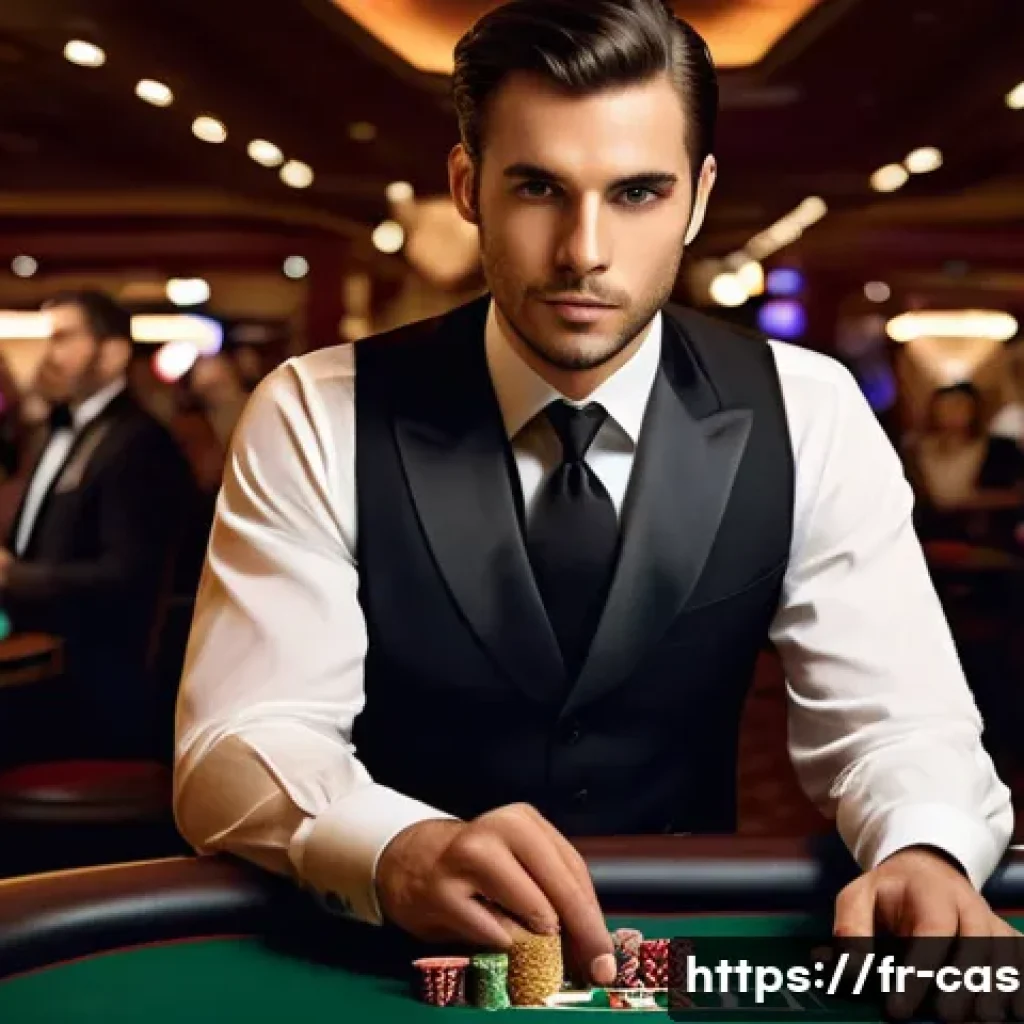 카지노 딜러의 어려움과 극복 사례 - A professional casino croupier standing confidently behind a poker table in a stylish casino setting...