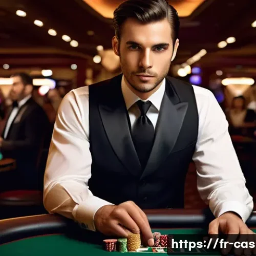 카지노 딜러의 어려움과 극복 사례 - A professional casino croupier standing confidently behind a poker table in a stylish casino setting...