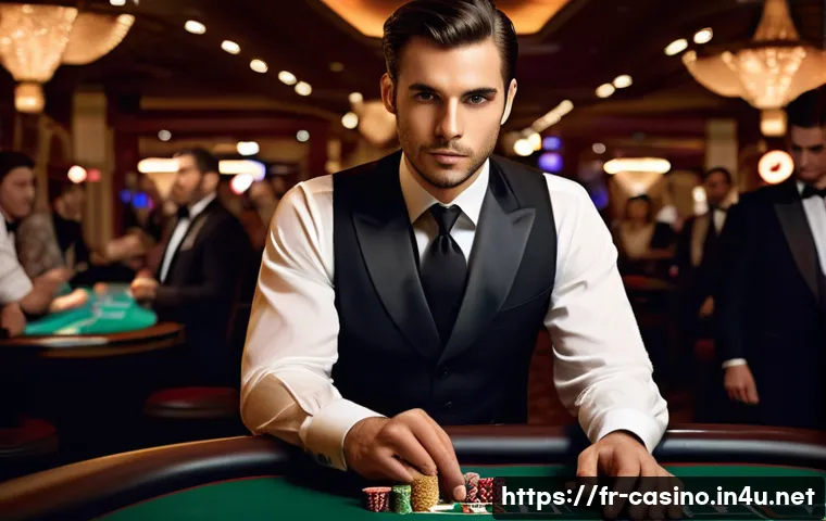 카지노 딜러의 어려움과 극복 사례 - A professional casino croupier standing confidently behind a poker table in a stylish casino setting...