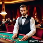 카지노 딜러로 이직하는 방법 - A professional French casino croupier in a luxurious casino setting, wearing a formal vest, white sh...