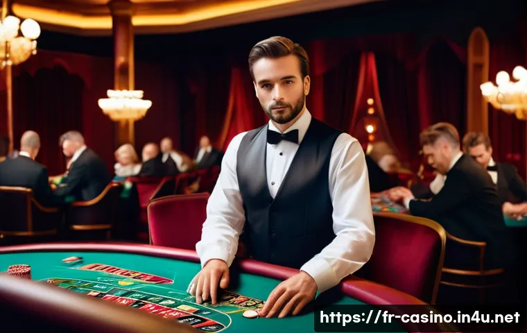 카지노 딜러로 이직하는 방법 - A professional French casino croupier in a luxurious casino setting, wearing a formal vest, white sh...