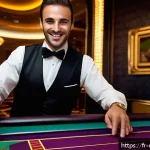 카지노 딜러 현장 업무 팁 - A professional casino croupier standing behind a gaming table in a stylish, elegant casino setting i...