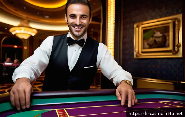카지노 딜러 현장 업무 팁 - A professional casino croupier standing behind a gaming table in a stylish, elegant casino setting i...
