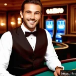 카지노 딜러 면접 질문 및 답변 사례 - A professional casino dealer standing confidently behind a blackjack table in a modern French casino...