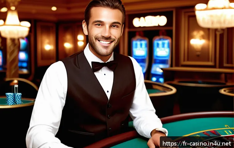 카지노 딜러 면접 질문 및 답변 사례 - A professional casino dealer standing confidently behind a blackjack table in a modern French casino...