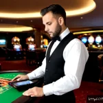 카지노 딜러 근무 시간과 스케줄 관리 - Photorealistic French casino dealer in a crisp white shirt, black waistcoat and bow tie, reviewing a...