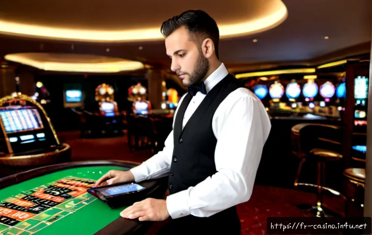 카지노 딜러 근무 시간과 스케줄 관리 - Photorealistic French casino dealer in a crisp white shirt, black waistcoat and bow tie, reviewing a...