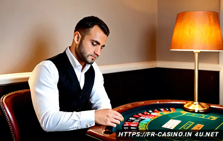 Home 17 카지노 딜러가 추천하는 자기계발 도서 - Photorealistic French casino dealer in a neat black vest and white shirt, seated at a quiet Parisian...